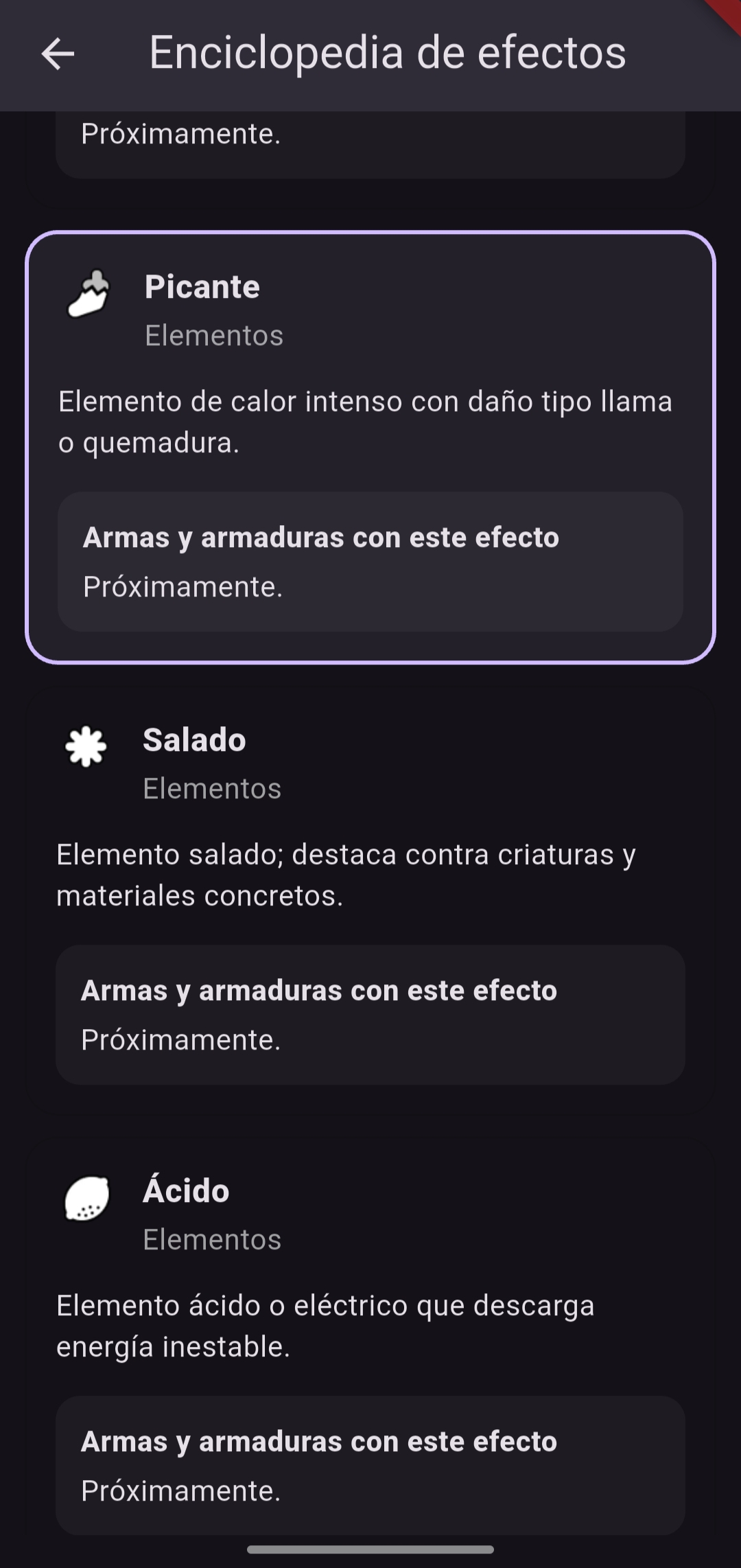 Pantalla de detalle de criatura con debilidades y vida.