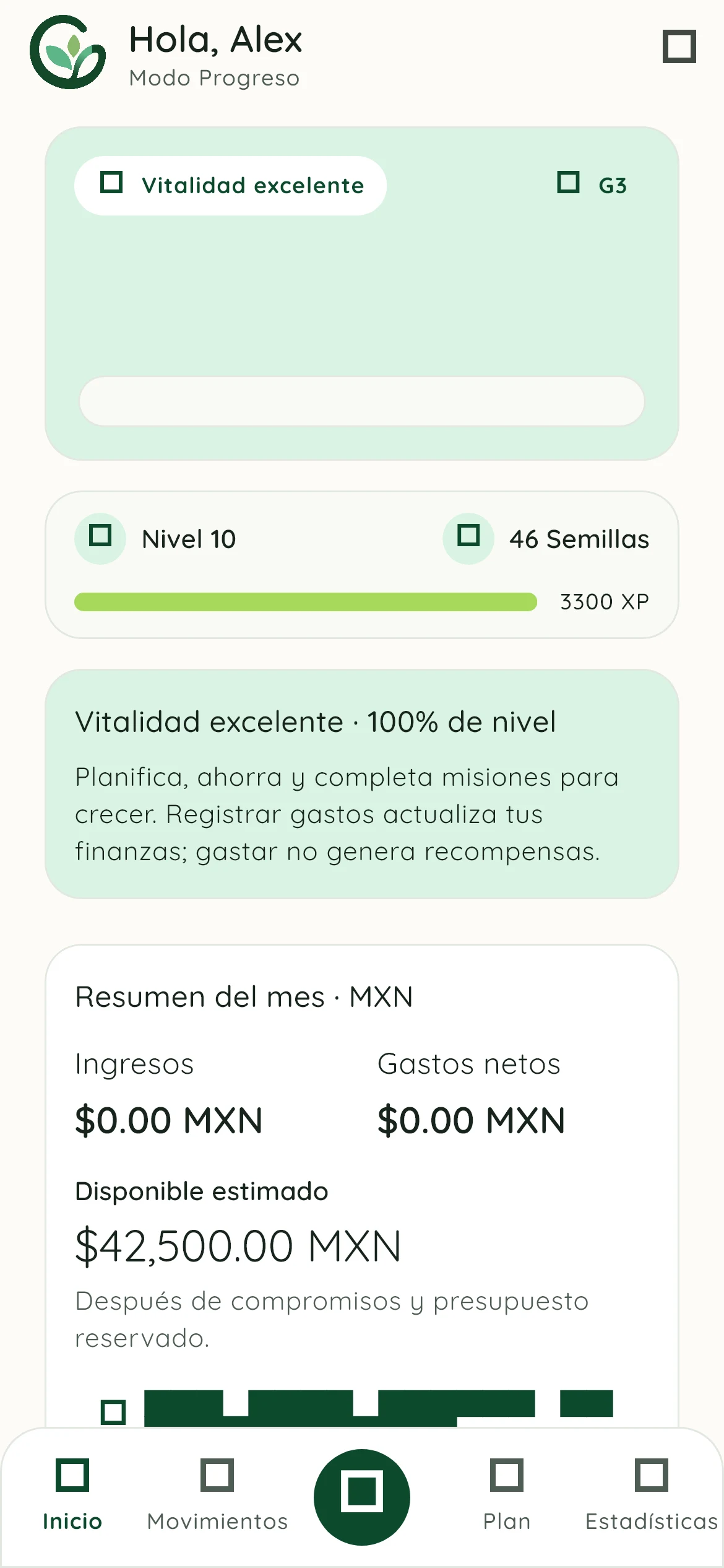Pantalla de progreso de Minty Goals con nivel, semillas, vitalidad, misión y jardín