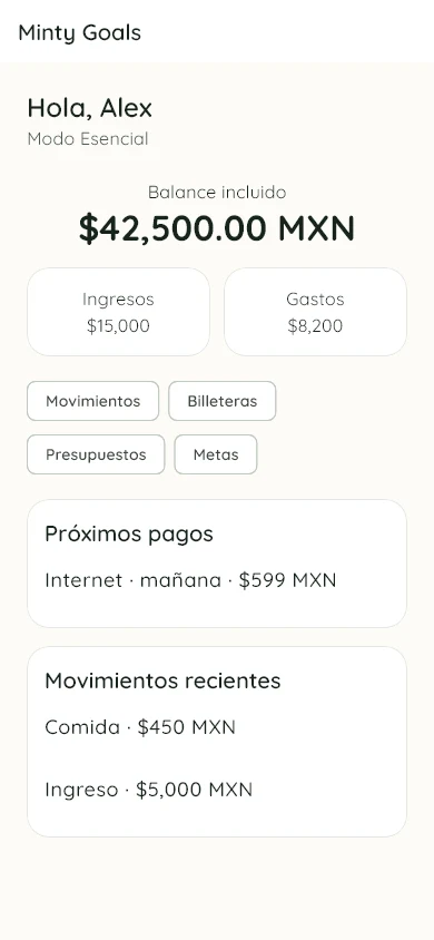 Pantalla principal de Minty Goals con balance, ingresos, gastos y accesos a movimientos, billeteras, presupuestos y metas