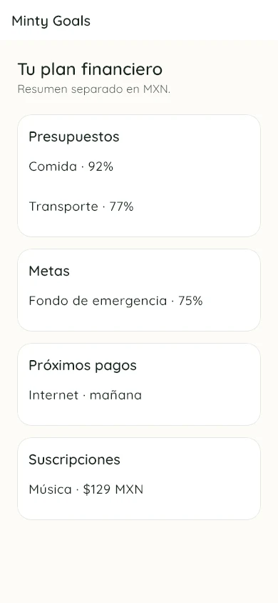 Pantalla de planificación de Minty Goals con presupuestos, metas, próximos pagos y suscripciones